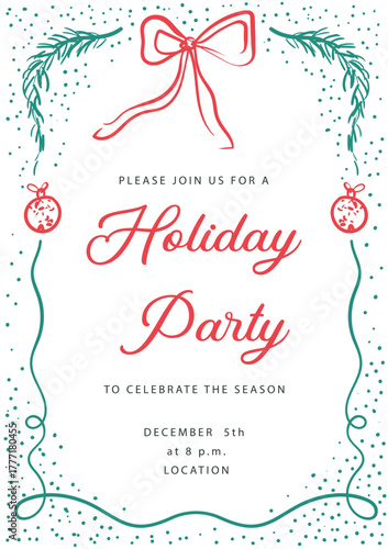 Please join us for a holiday party. Vector template with whimsical christmas elements. Graphics design for flyers, posters and posting.