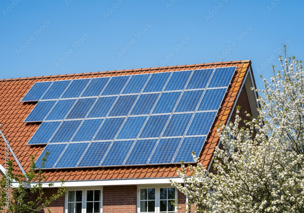 Fototapeta premium Residential solar thermal collectors on red tile roof | Eco-friendly home heating system installation on house | Renewable energy solution for sustainable living