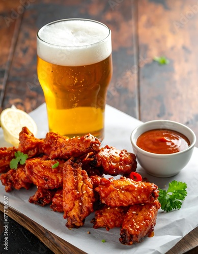 Spicy chicken wings, beer, and sauce on a rustic wooden board