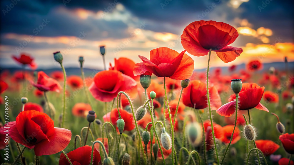 Naklejka premium Vibrant poppy field at sunset with dramatic sky and warm light in summer