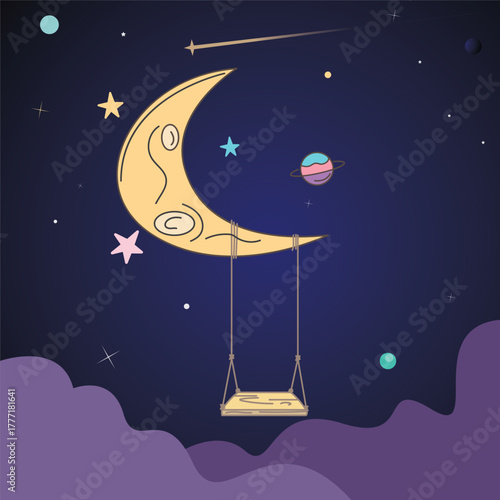 vector illustration of a swing hanging on the moon with a space background