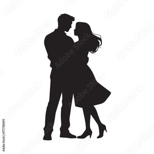  Romantic Silhouette of Loving Couple Embracing Tenderly on White Background. 