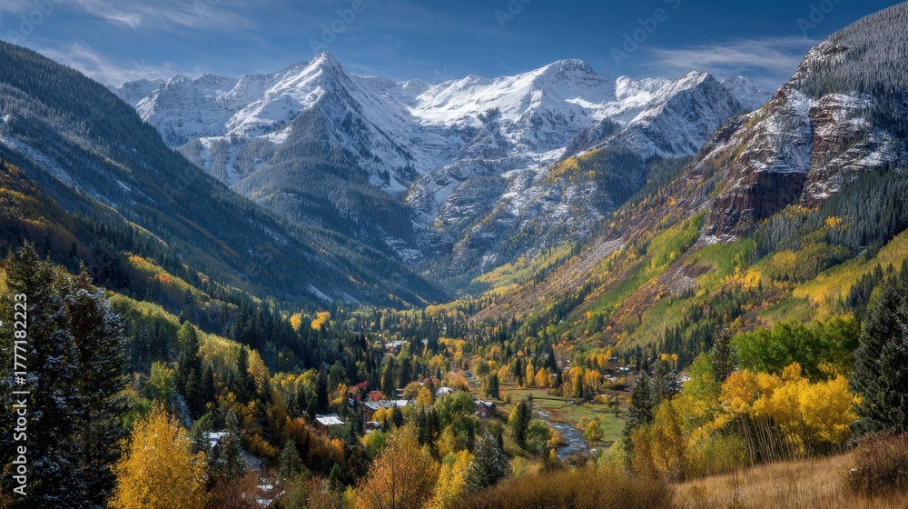 Fototapeta premium Vibrant Vail Falls: Autumn Hues Among Snow-Capped Mountains & Golden Aspen