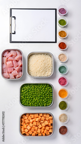 Pet Food Ingredients Flat Lay — Chicken, Vegetables, and Grains for Balanced Nutrition