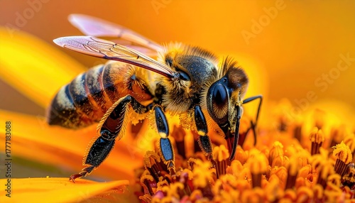 Wallpaper Mural Close Up Macro View of a Honey Bee Collecting Pollen from a Bright Orange Flower During Golden Hour Warm Sunlight Torontodigital.ca