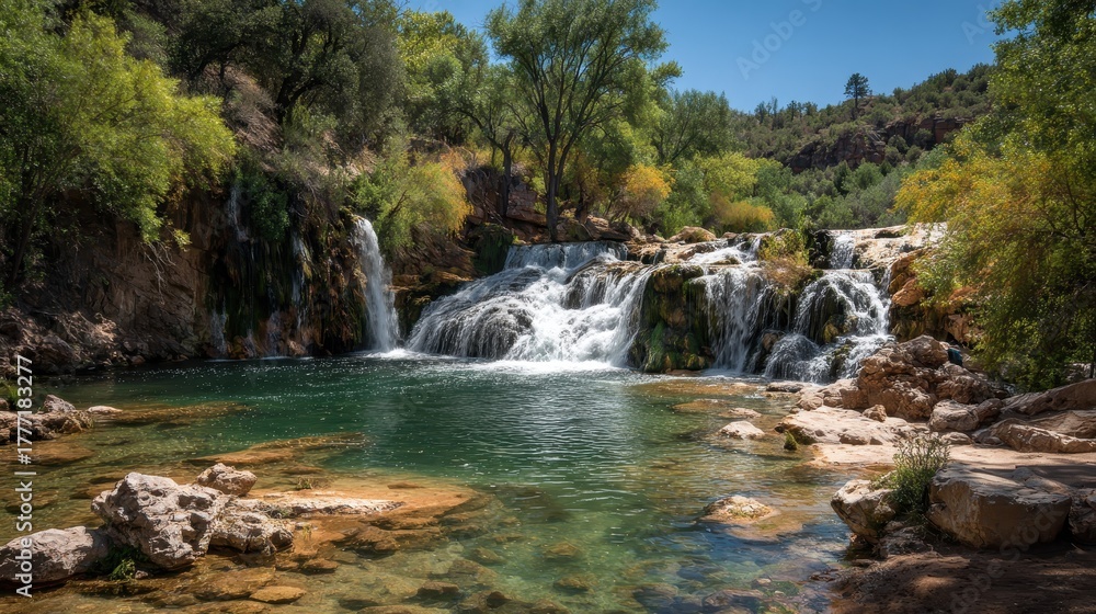 Fototapeta premium Tranquil Fossil Creek Waterfall: A Serene Oasis of Blue Waters Amidst Arizona's Desert Landscape