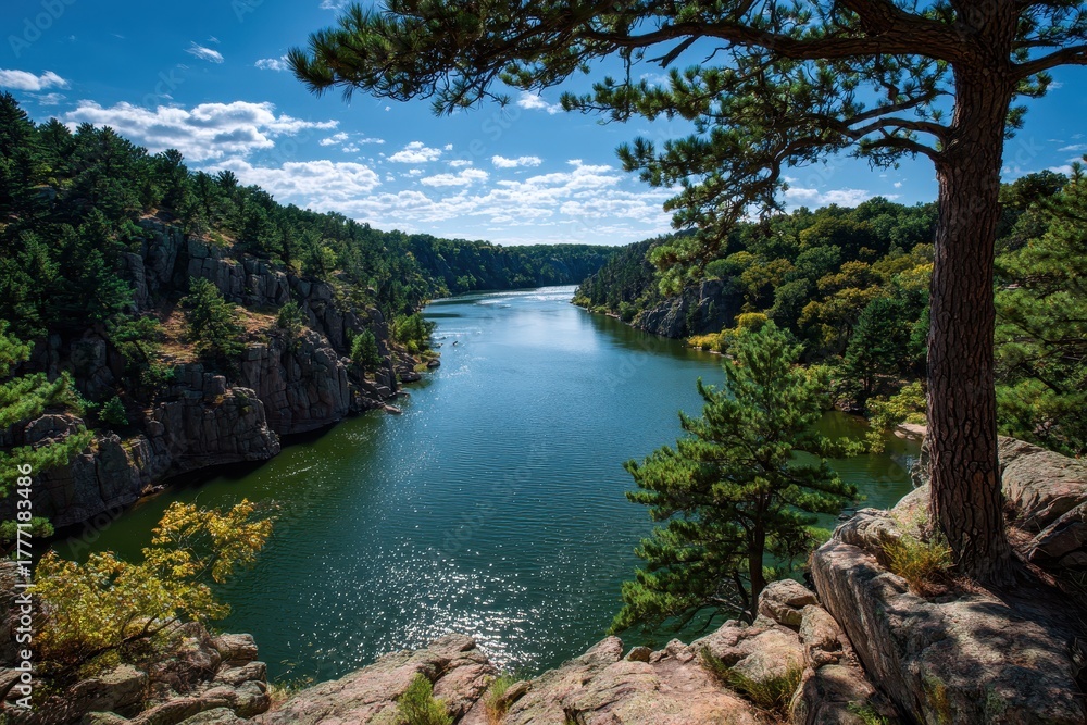 Fototapeta premium Breathtaking Palisades State Park: A Scenic Landscape of Trees and Tranquil Waters in South Dakota's Nature Retreat