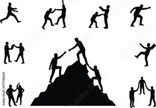 Human support silhouette, teamwork vector illustration, helping hand, cooperation, emotional connection, black graphic, minimal design, mountain climb, unity, trust