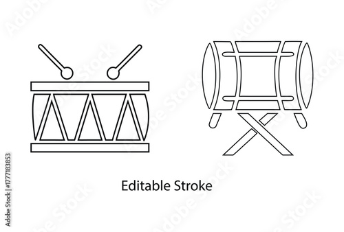 drum icons editable stroke, drum sticks symbol wooden drum vector line art icon illustration