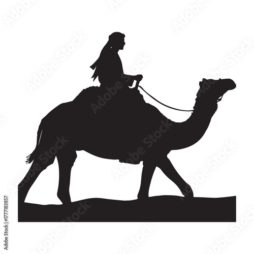 Silhouette of an Arab man riding a camel in the desert On White Background.