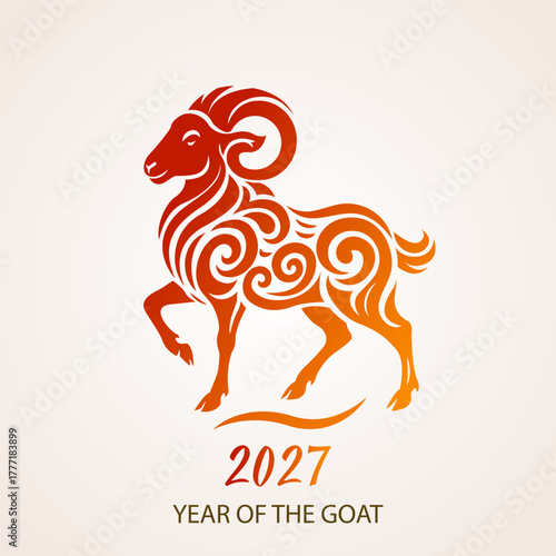Happy New Year 2027 greeting card for the Year of the Goat according to the Chinese calendar. Vector illustration.