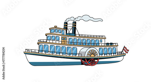 A charming cartoon illustration of a classic paddle steamer, featuring its iconic side paddle wheel, multi-deck structure, and two smokestacks emitting smoke.