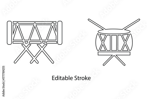 drum icons editable stroke, drum sticks symbol wooden drum vector line art icon illustration