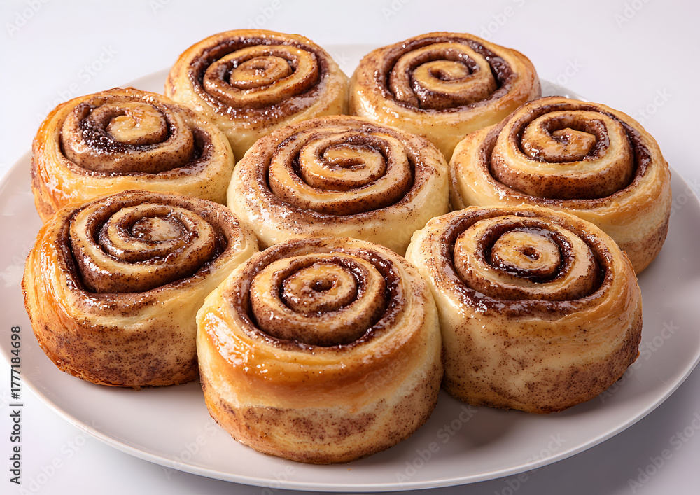 Fototapeta premium Freshly baked golden cinnamon rolls served on a clean white plate, perfect for bakery advertising, breakfast themes, and cozy dessert photography.