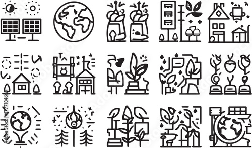 Sustainable Living and Eco-Friendly Home Line Icons Set: Solar Energy, Green Architecture, and Environmental Housing Symbols.