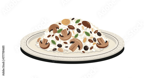 A delectable serving of creamy mushroom risotto, artfully presented on a white plate and garnished with fresh herbs and spices.