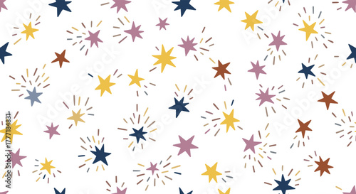 Cheerful seamless pattern with whimsical, hand-drawn stars in a variety of pastel colors, some sparkling, against a clean white background.