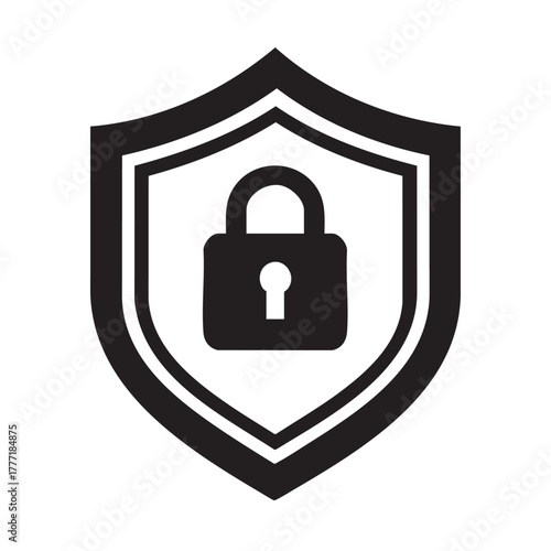 Simple black shield icon with a padlock symbol inside its center