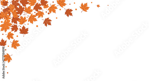 Vibrant autumn maple leaves in shades of orange and brown with small decorative dots scattered on a clean white background, forming a festive corner design.