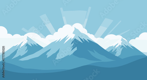 Minimalist vector illustration of majestic snow-capped mountains at sunrise, with bright sun rays piercing through clouds in a serene blue landscape.