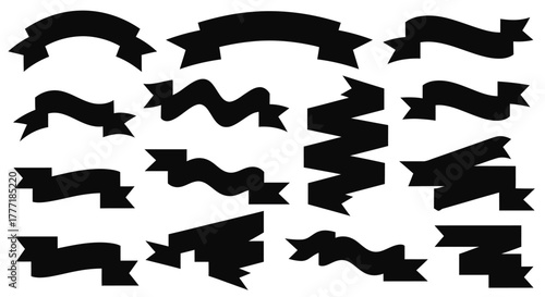 Set of black ribbon banners design elements for decoration isolated on white background perfect for graphic design and web projects