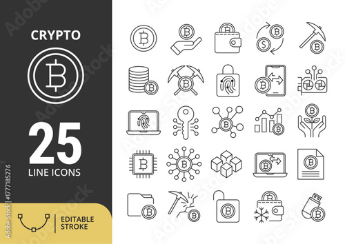 25 Icon Line Vector Crypto Bitcoin Finance Technology