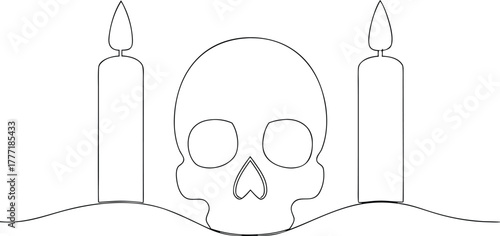 Skull and two candles on wavy ground line art wavy line