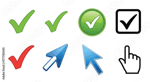 Set of check mark and cursor icons simple design elements for user interface and web design isolated on white background