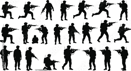 Silhouettes of armed soldiers, tactical poses, military action, combat stance, rifle handling, defense, warfare, training, black figures, white background