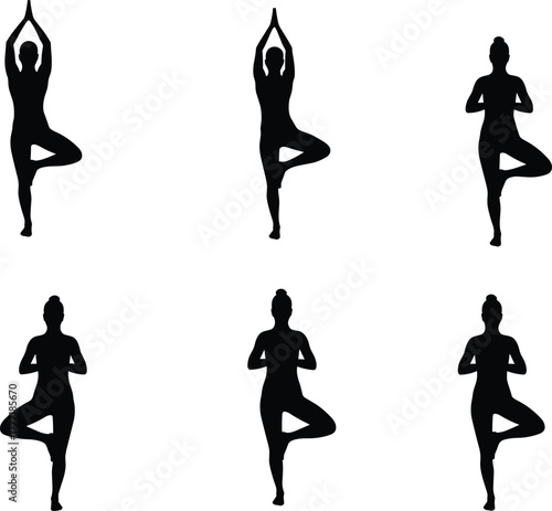 Yoga pose silhouettes, tree pose balance posture, fitness exercise, meditation practice,  healthy lifestyle, wellness, flat vector