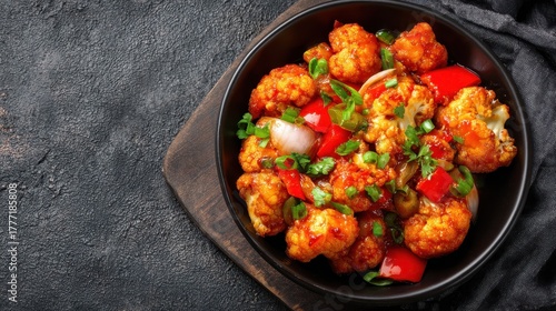 Delicious Gobi Manchurian: Spicy Cauliflower Dish in a Bowl on Black Concrete Background