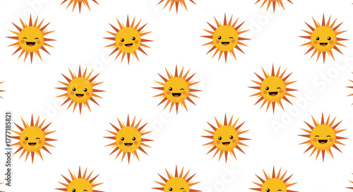 Happy cartoon suns with beaming smiles and winks, forming a vibrant and playful seamless pattern on a clean white background.