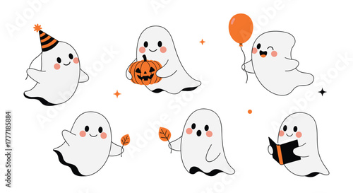 Various adorable cartoon ghosts with cheerful expressions engaged in different Halloween activities like holding pumpkins, balloons, and leaves.