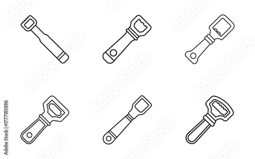 Collection of Black and White Bottle Opener Line Art Icons on White Background Variety of Designs for Beverages and Parties