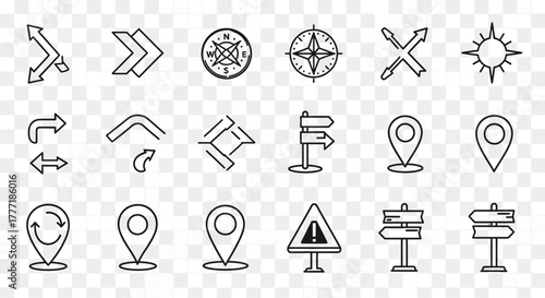 Set of navigation and direction icons simple line art symbols for maps and user interface design isolated on white background