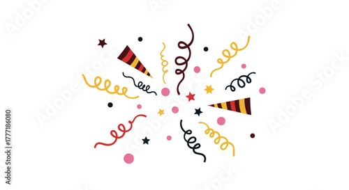 Dynamic illustration of colorful confetti, curly streamers, and stars bursting from party poppers, symbolizing celebration and joy.