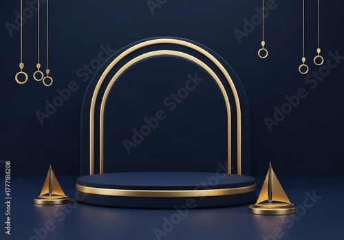 Display pedestal with golden accents and nautical decor for product showcase and awards