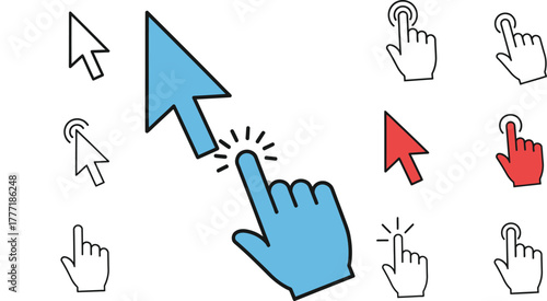 Set of cursor and hand pointer icons simple flat design elements for user interface and web design isolated on white background