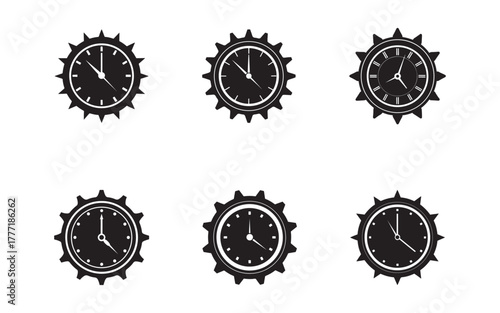 Collection of Black and White Clock Icons Representing Time Management and Punctuality for Design and Business