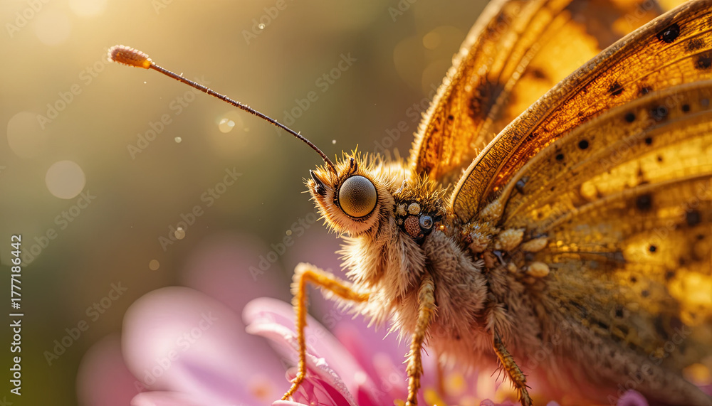 Obraz premium A butterfly with intricate patterns rests delicately on a colorful flower in a garden. The sunlight creates a warm glow, highlighting its wings and surrounding blooms