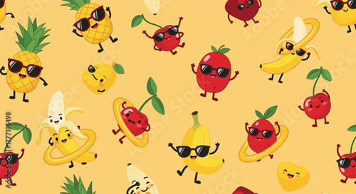 Cute cartoon fruits wearing sunglasses and dancing happily on a vibrant yellow background, forming a cheerful seamless pattern.