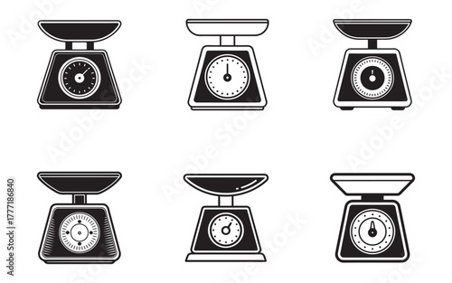 Collection of black and white kitchen scales for measuring food ingredients recipe preparation with different styles and display types