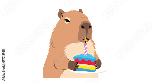 A calm capybara, known for its gentle demeanor, holds a colorful slice of birthday cake with a lit candle, ready to celebrate a special occasion.