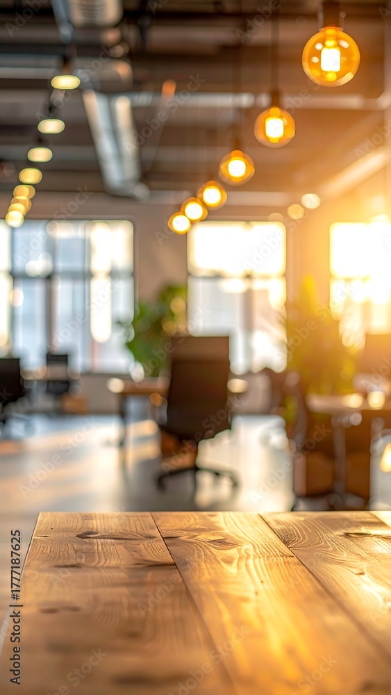 Fototapeta premium An office interior with a wooden table and blurred background sunlight