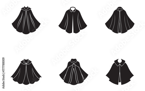 Collection of Black Cloaks and Cape Vectors on a White Background Ideal for Costume Design and Fashion Illustration Projects