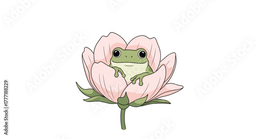 An adorable little green frog with wide, dark eyes is nestled contentedly within the soft pink petals of a beautiful, freshly bloomed lotus flower.