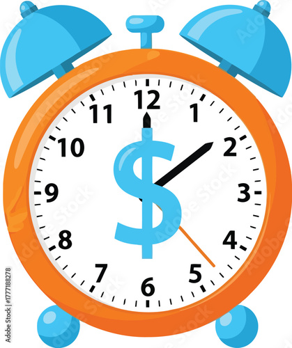 Alarm clock with dollar sign on face symbolizing time is money financial success and wealth growth vector