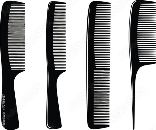 Four black hair combs lined up stylized graphic design isolated on vector