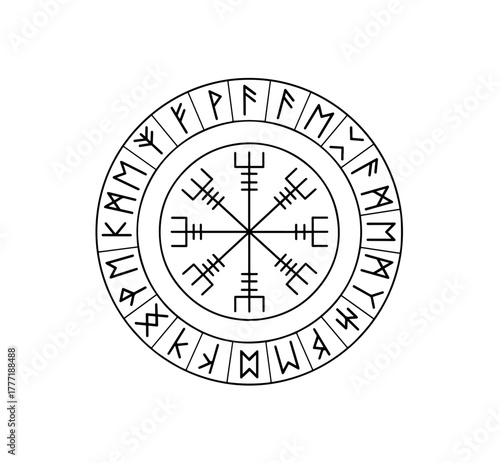 A black line illustration centers the eight-armed Vegvísir, an Icelandic stave for guidance, within a complete, circular arrangement of the Elder Futhark runes