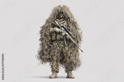Covert Operative in Camouflaged Ghillie Suit Amidst Nature Background
